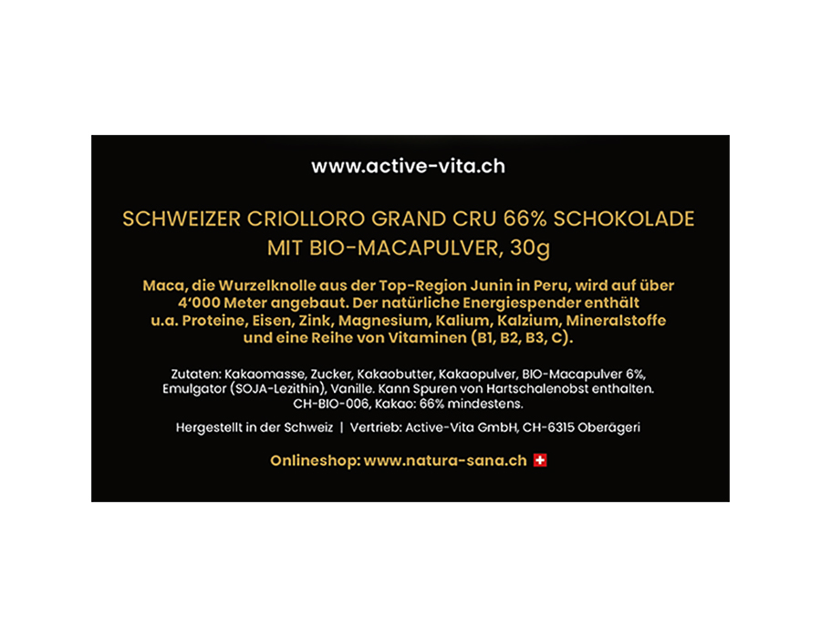 Schweizer Bio Maca Schokolade / 1 Tafel à 30g